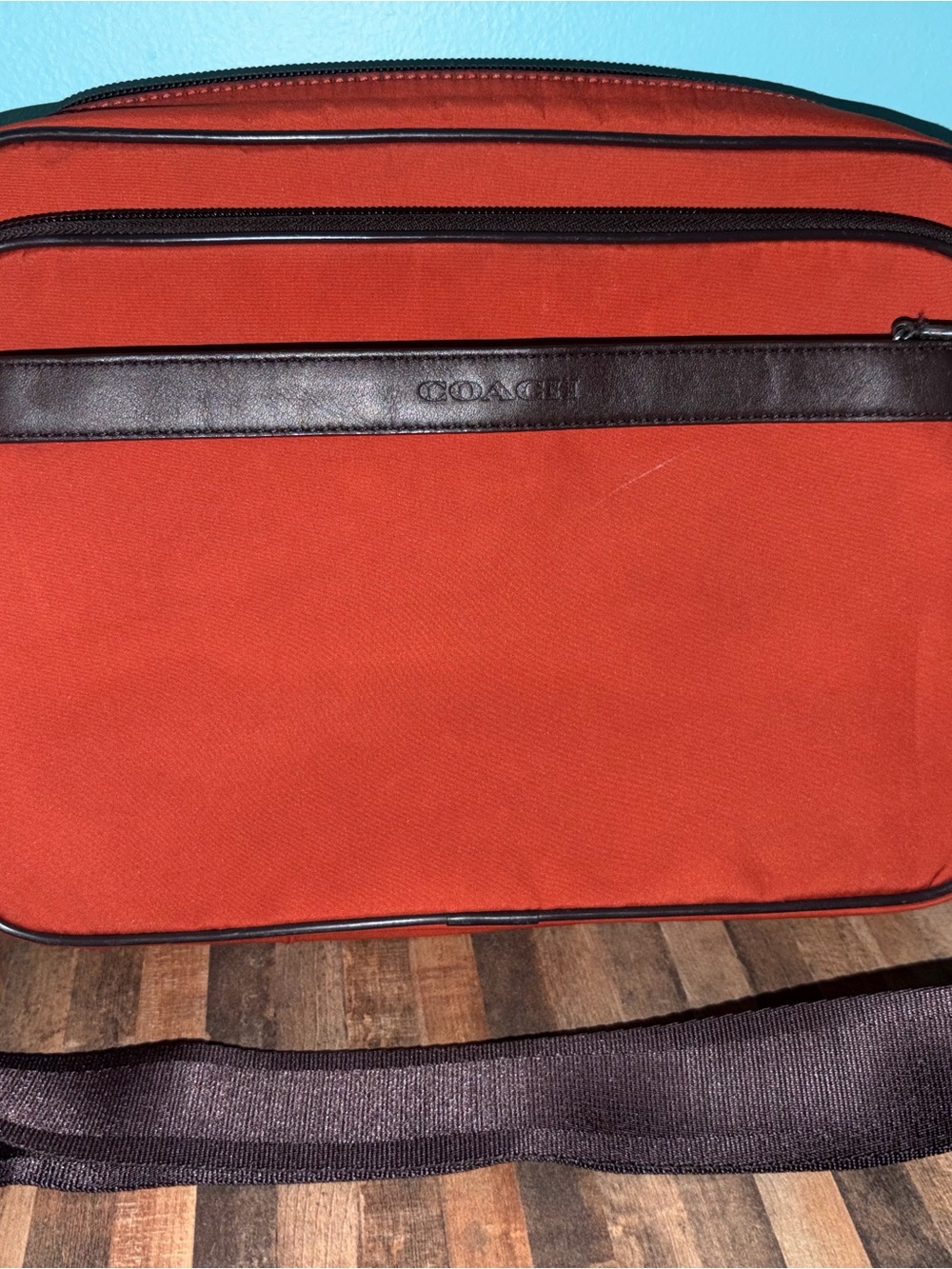 Coach Men's Orange Canvas Messenger Bag with Brown Leather Trim